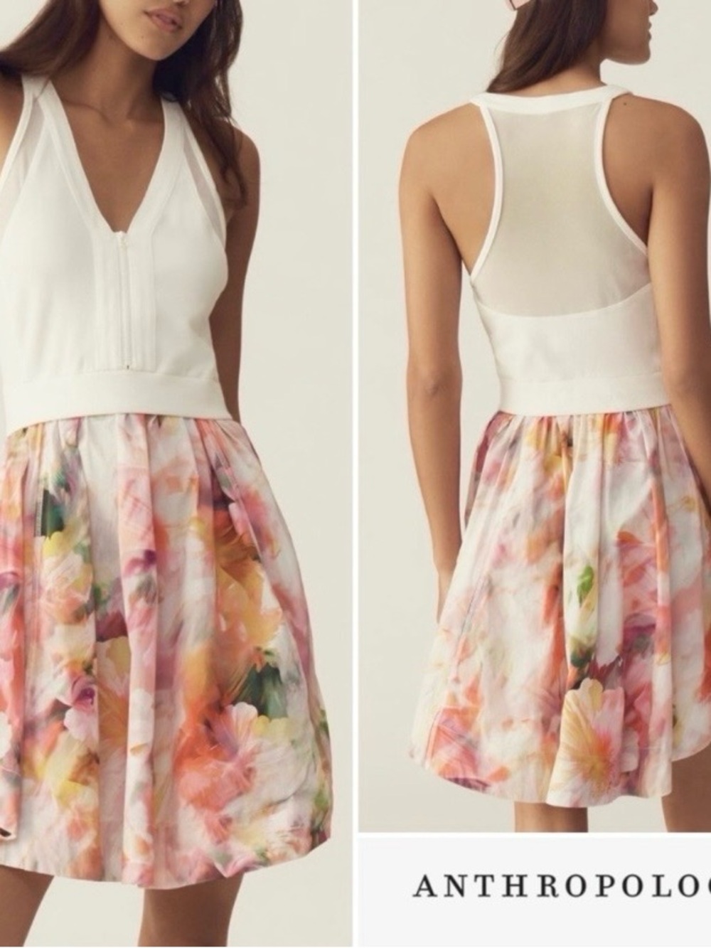 Anthropologie Floral Watercolor Mesh V-Neck Racerback Zip Top Tennis Dress NWT S
